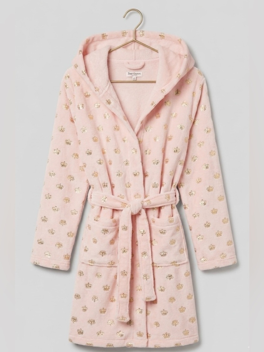Juicy Couture Y2K Light Pink Soft Plush Hooded Robe with metallic gold crowns